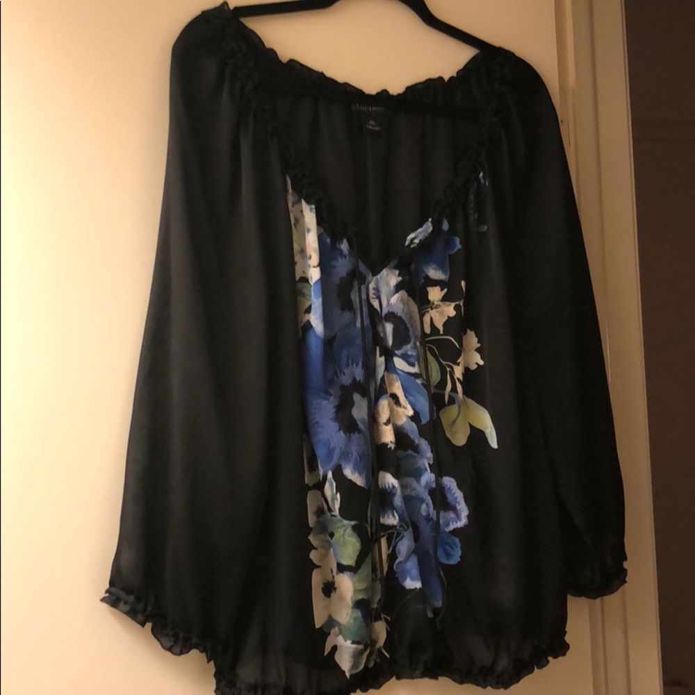Black blouse with orchid detail